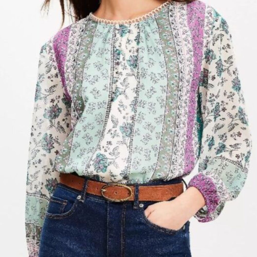 NWT Loft Striped Floral Blouse Boho Cottagecore Hippie Casual